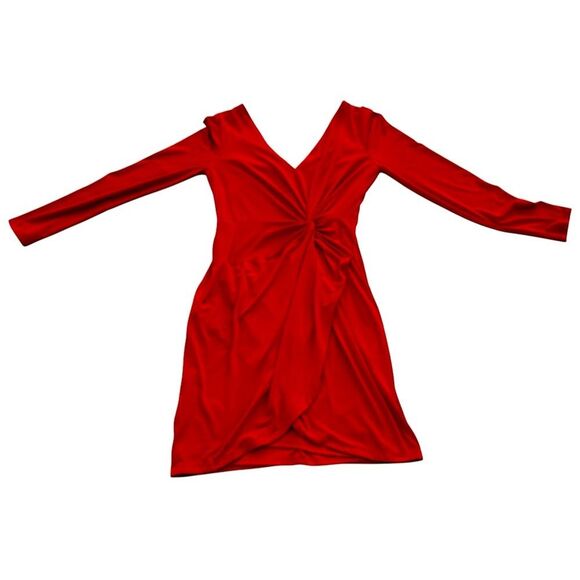 Red Bodycon Party Dress Sz 8 Long Sleeve V-Neck Fitted Twist Knot Waist Holiday - Picture 3 of 15